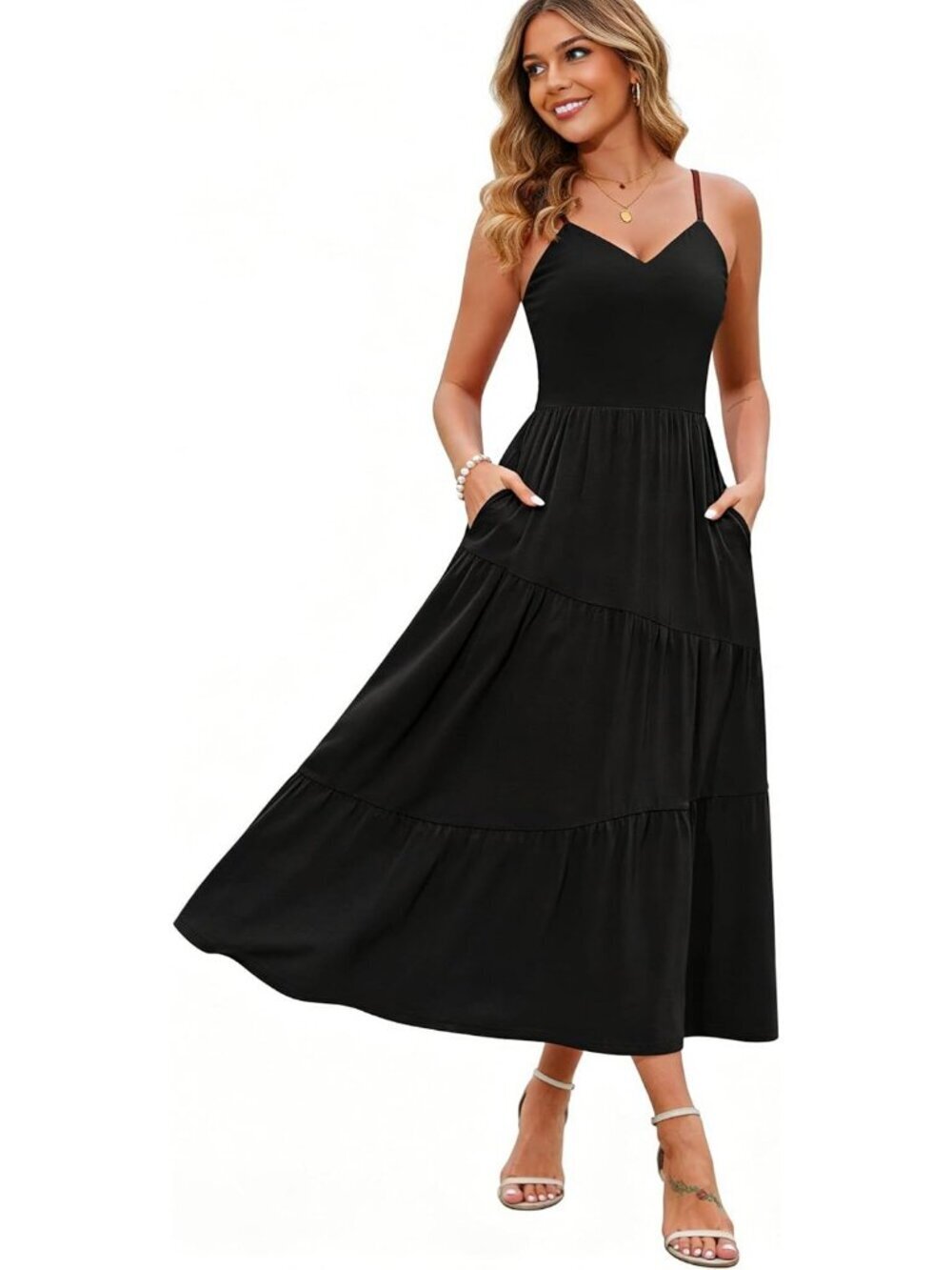 Women's Black Beach Sundress V Neck Spaghetti Long Strap Pockets Maxi Dress